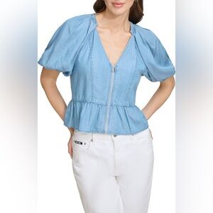 NWT DKNY Front Zip Peplum Chambray Top Puff Sleeve Size Medium Lyocell Blue